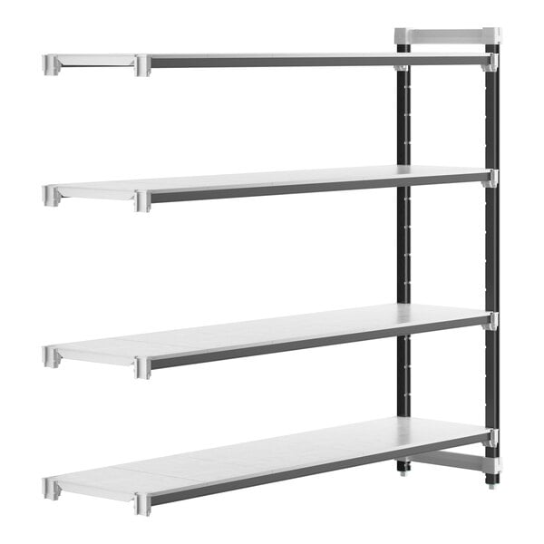 A white metal Cambro Camshelving Elements add-on unit with four shelves.