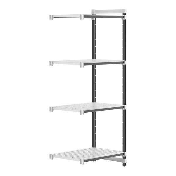 A white Camshelving Elements add-on unit with gray metal shelves.