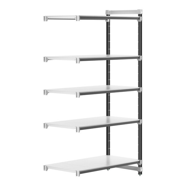 A white Cambro Camshelving Elements add-on unit with 5 shelves.