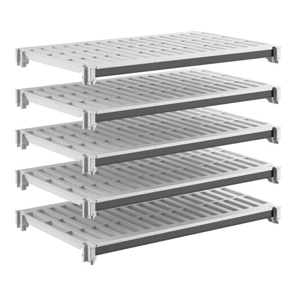 A set of five vented plastic shelving units designed for modular storage.