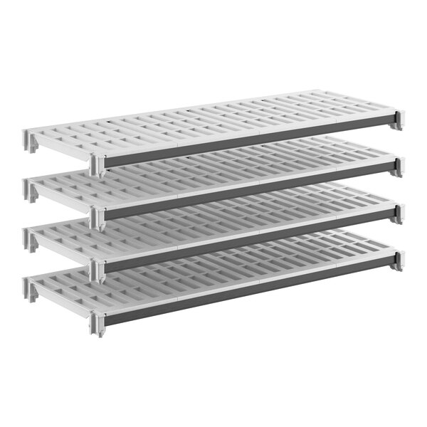 A set of four vented plastic shelving panels designed for modular shelving systems.