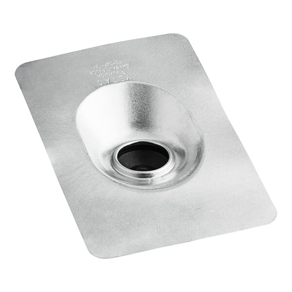 A silver metal Oatey No-Calk solar roof flashing with a hole in the center.