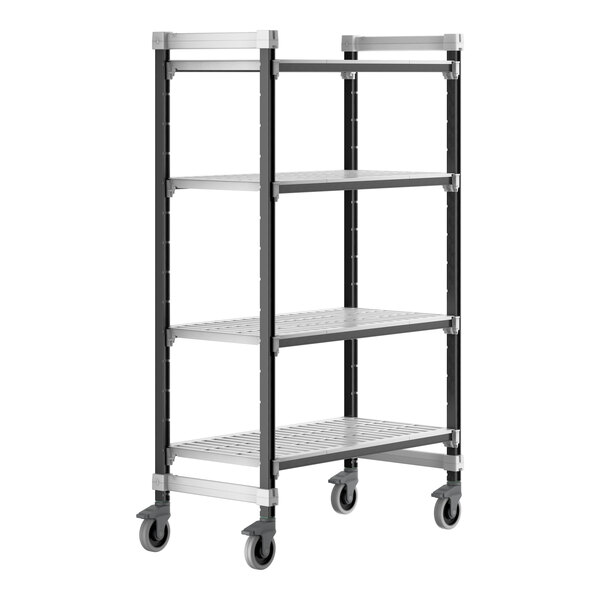 A metal Cambro Camshelving Elements mobile unit with vented shelves and wheels.