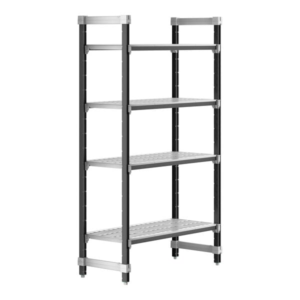 A black Cambro Camshelving® Elements starter unit with metal shelves.