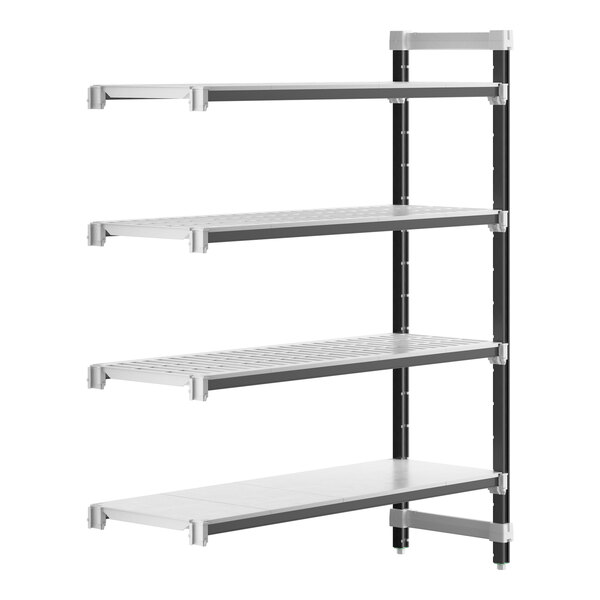 A white Cambro Elements XTRA 4-shelf combo add-on unit with black shelves.