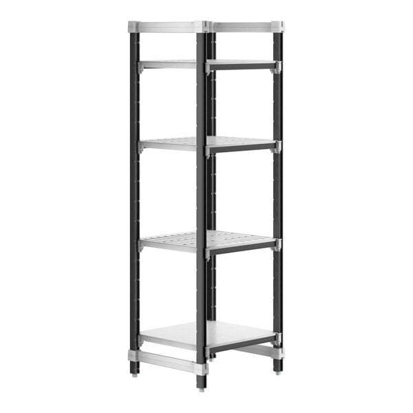 A black and silver Cambro Camshelving Elements XTRA 4-shelf unit on wheels.
