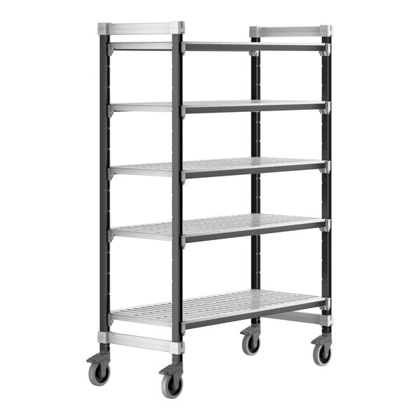 A Cambro Elements XTRA mobile metal shelving unit with 5 vented shelves and wheels.