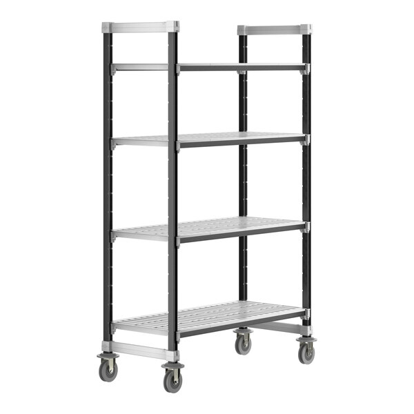 A black metal Cambro Camshelving unit with wheels.