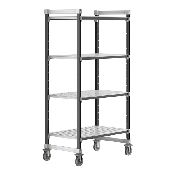 A black metal Cambro Camshelving unit with wheels.