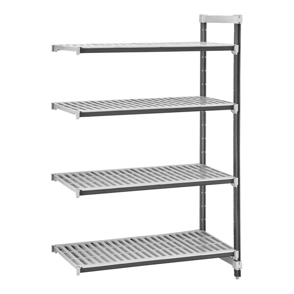 A metal Cambro Camshelving Elements XTRA add-on shelf with four shelves.