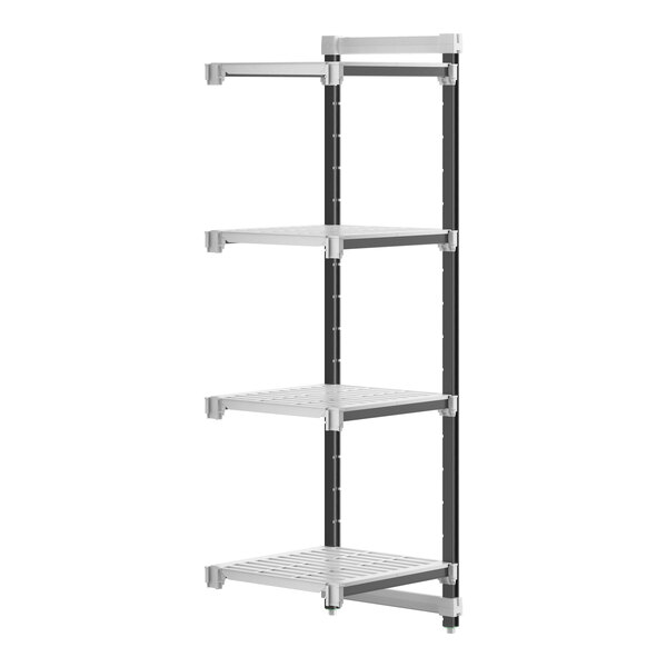 A metal Cambro Camshelving Elements XTRA 4-shelf unit.
