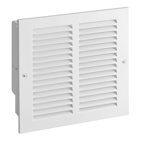 A white Oatey Sure-Vent wall box with a metal grille faceplate and screw.
