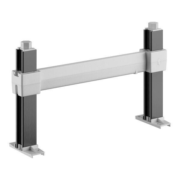 A white metal Cambro Camshelving® dunnage stand with black metal brackets.