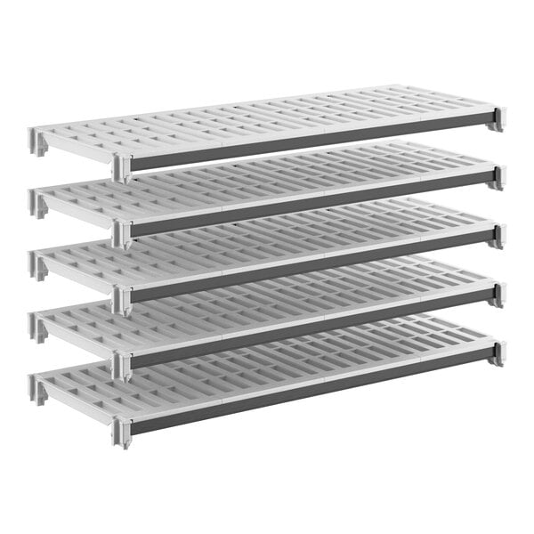 A set of five vented plastic shelving units designed for storage, each measuring 18 inches by 48 inches.