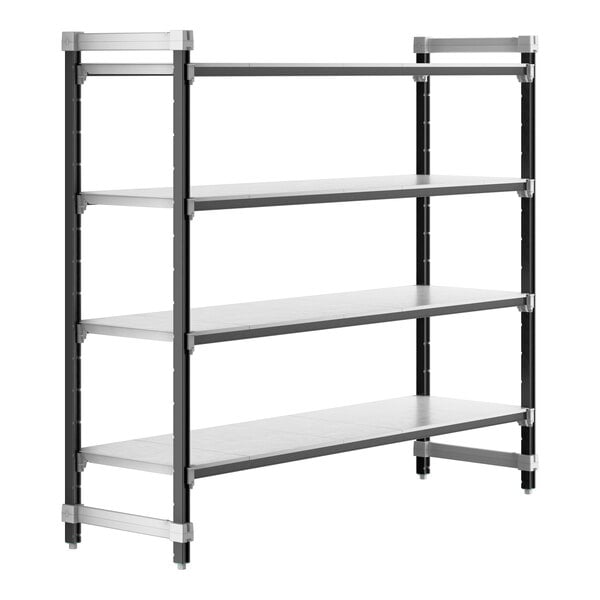 A Cambro Elements XTRA metal shelving unit with black metal legs and four shelves.