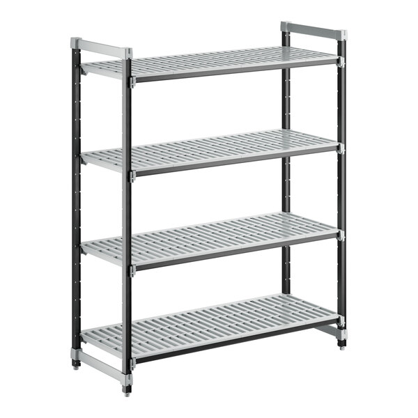 A grey metal Cambro Camshelving unit with four vented shelves.