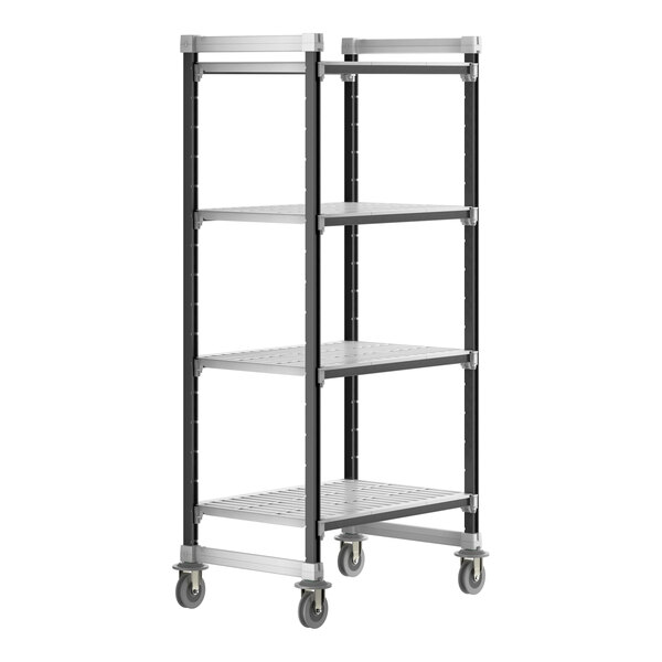 A metal Cambro Camshelving unit with wheels.