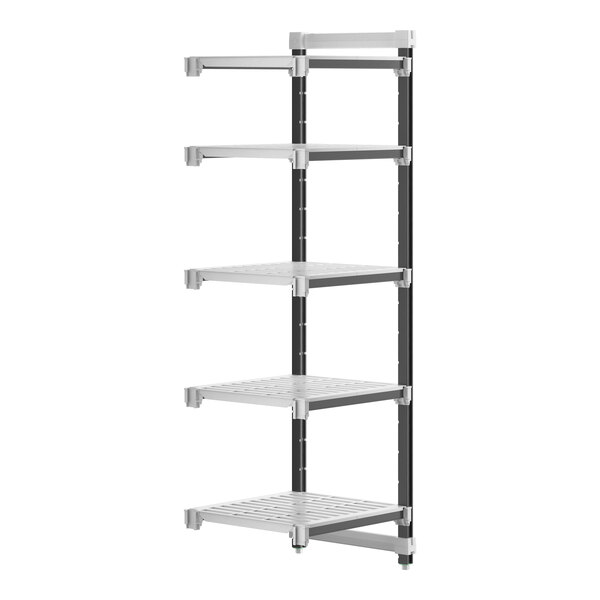 A Cambro Camshelving® Elements XTRA vented metal shelf with black handles.