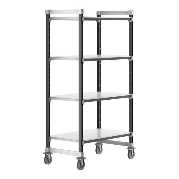 A grey Cambro Camshelving unit with 4 shelves on wheels.