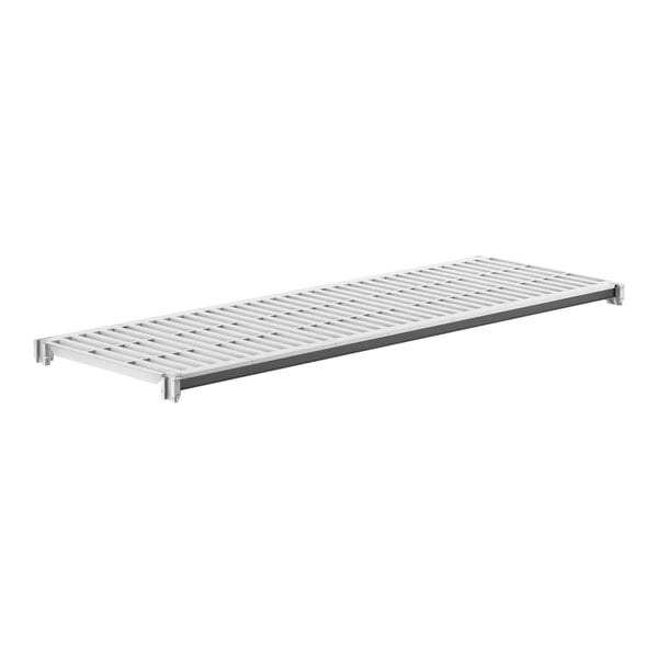 A white metal shelf with metal rails.