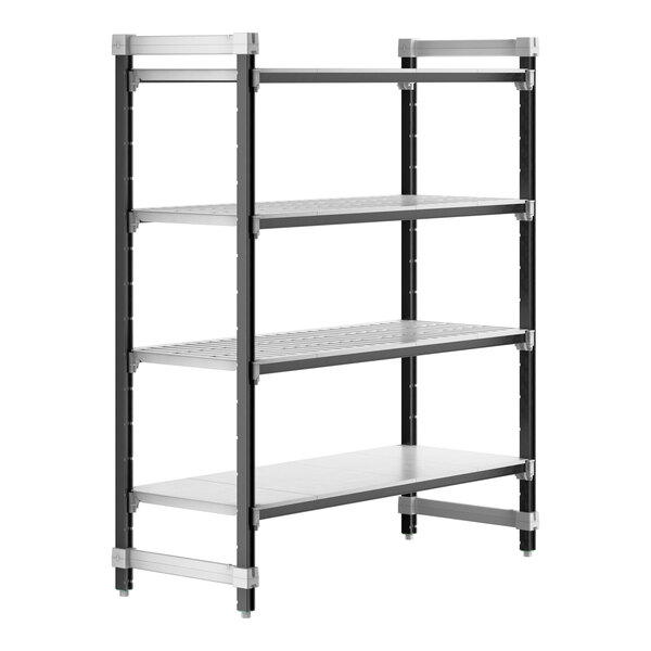 A black metal Cambro Camshelving® Elements XTRA 4-Shelf Combo Starter Unit.