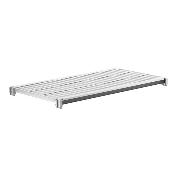 A white metal shelf with metal slats.