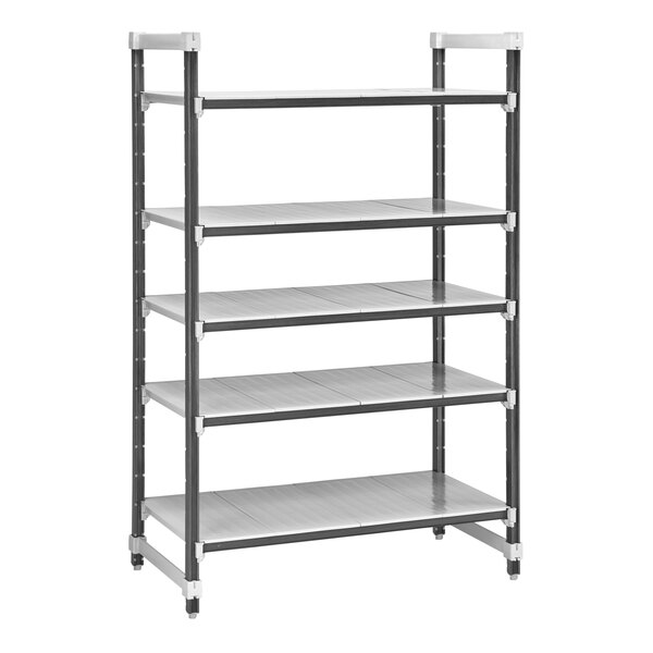 A white and gray metal shelving unit with four shelves.