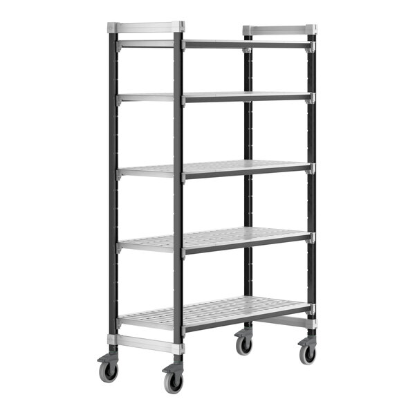 A Cambro Camshelving Elements mobile unit with 5 vented shelves.