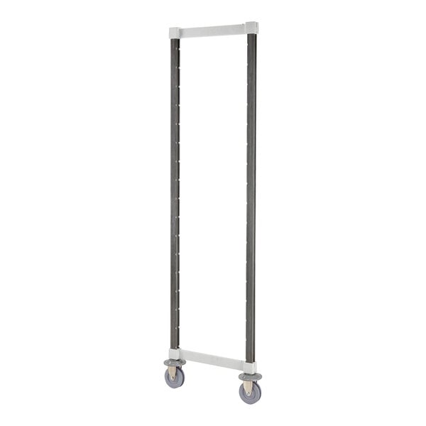 A rectangular metal frame with wheels.