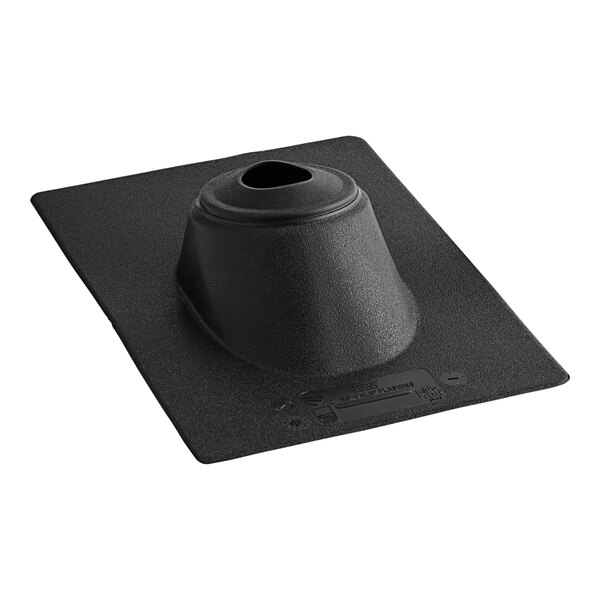 A black plastic Oatey No-Calk roof flashing with a hole in it.
