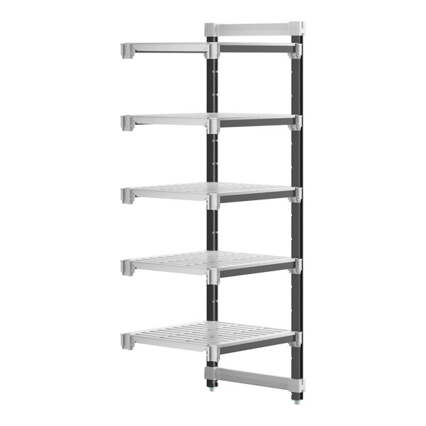 A white Cambro Camshelving Elements add-on unit with 5 vented shelves and black legs.