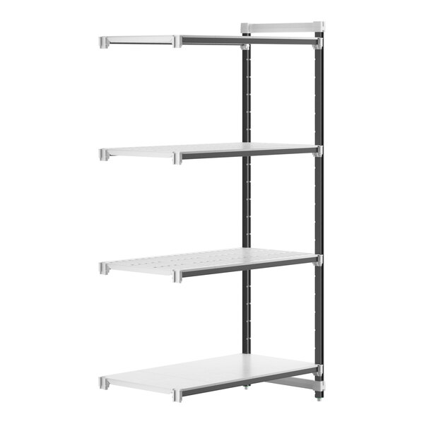 A white rectangular Cambro shelving unit with black trim and three shelves.