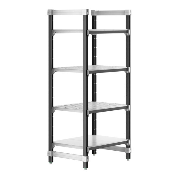 A black and silver Cambro Camshelving Elements XTRA 4-shelf unit.