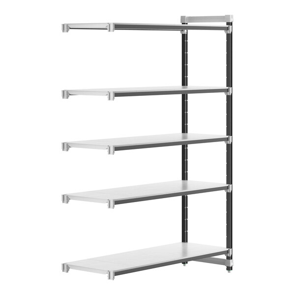 A white rectangular Cambro Camshelving® Elements Add-On Unit with four shelves.