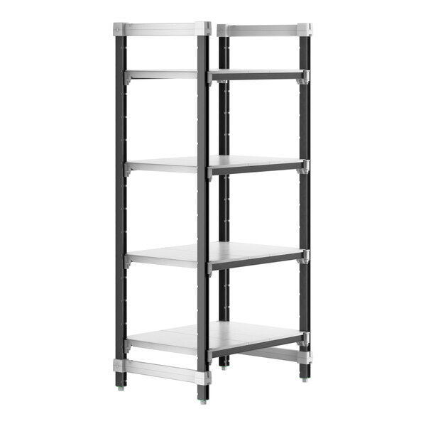 A black and grey Cambro Camshelving® Elements XTRA 4-shelf unit.