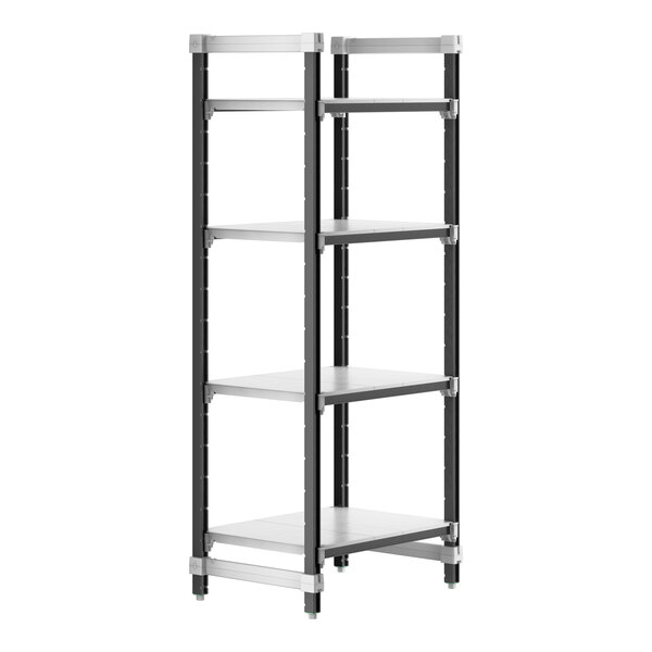 A black and silver Cambro Camshelving® Elements XTRA starter unit with four shelves.