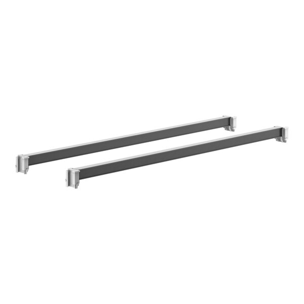 A pair of black metal Cambro Camshelving® universal traverses with white metal ends.