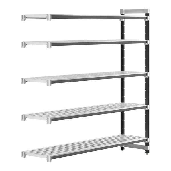A metal shelf with vented shelves.