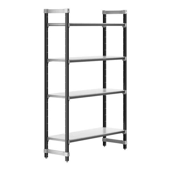 A black metal Cambro Camshelving Elements starter unit with four shelves.