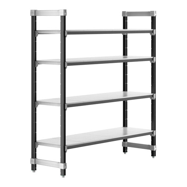 A black metal Cambro Camshelving Elements starter unit with four shelves.