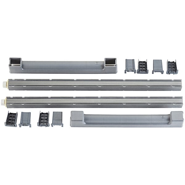 A group of gray plastic Cambro Camshelving® Elements XTRA posts.