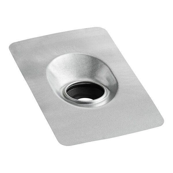 A close-up of a silver Oatey 2" No-Calk roof flashing with a hole in the center.