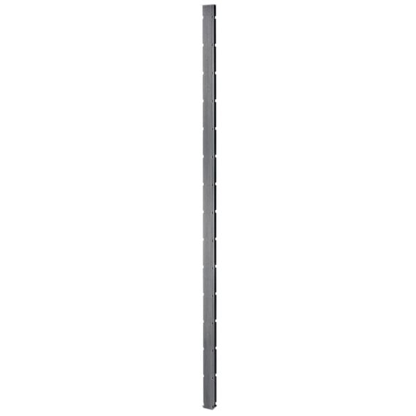 A long metal pole with black lines and holes.