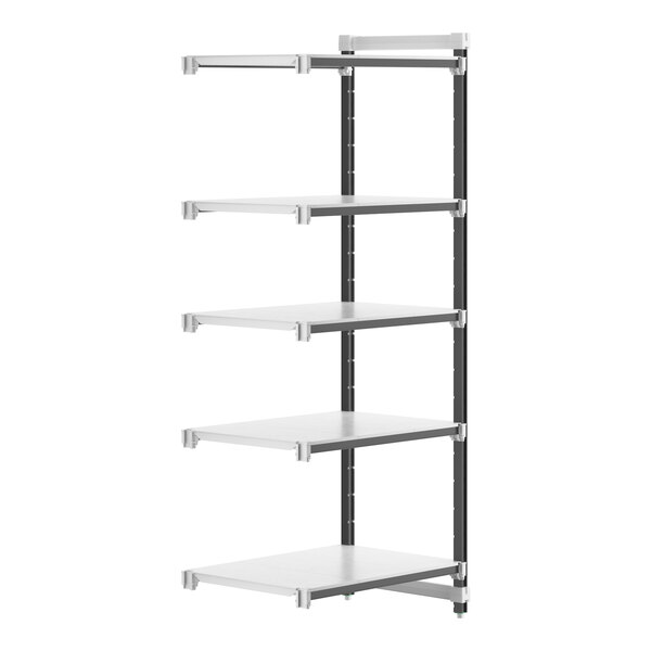 A white Cambro Camshelving® Elements XTRA add-on shelf with black legs.