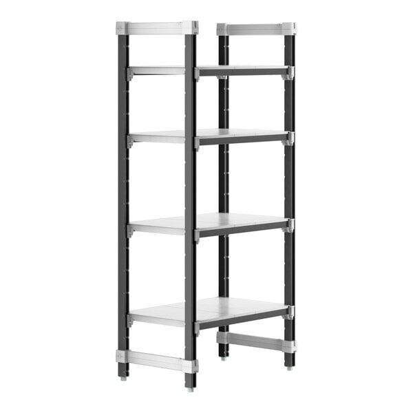 A black and silver Cambro Camshelving® Elements XTRA 4-shelf starter unit.