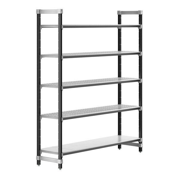 A black metal Cambro Camshelving Elements starter unit with five shelves.