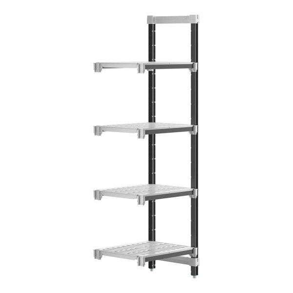 A white metal Cambro Camshelving Elements add-on unit shelf with black legs.