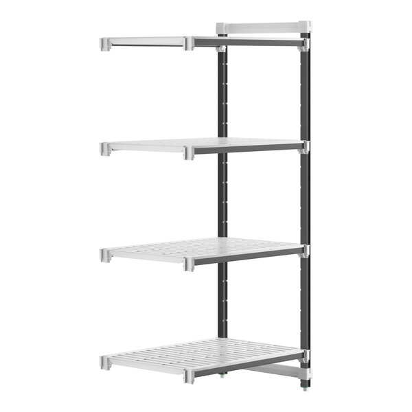 A white Cambro Camshelving Elements add-on unit with black shelves.