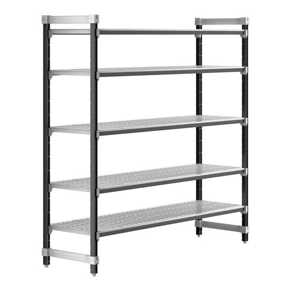 A Cambro metal shelving unit with five vented shelves.