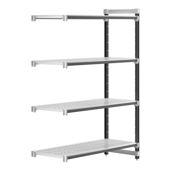 A white rectangular vented shelf with four shelves.